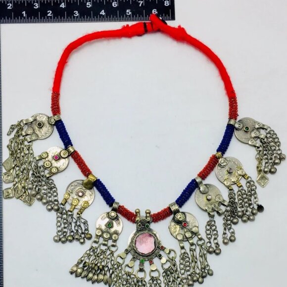 Vintage Dangling Coins and Long Silver Bells Necklace,Blue and Red Beaded - Picture 5 of 8